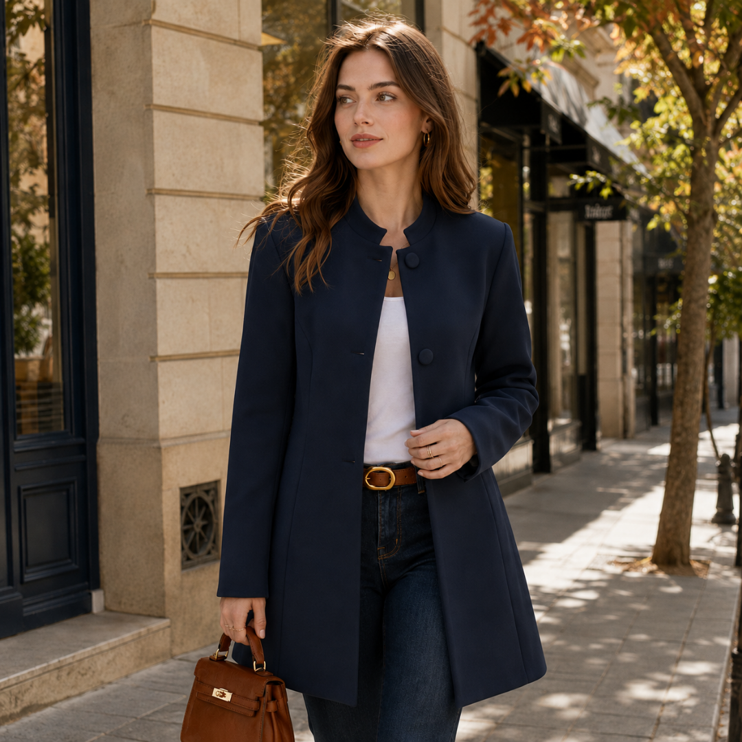 Cappotto blu navy con linea svasata, maniche lunghe e collo alla coreana