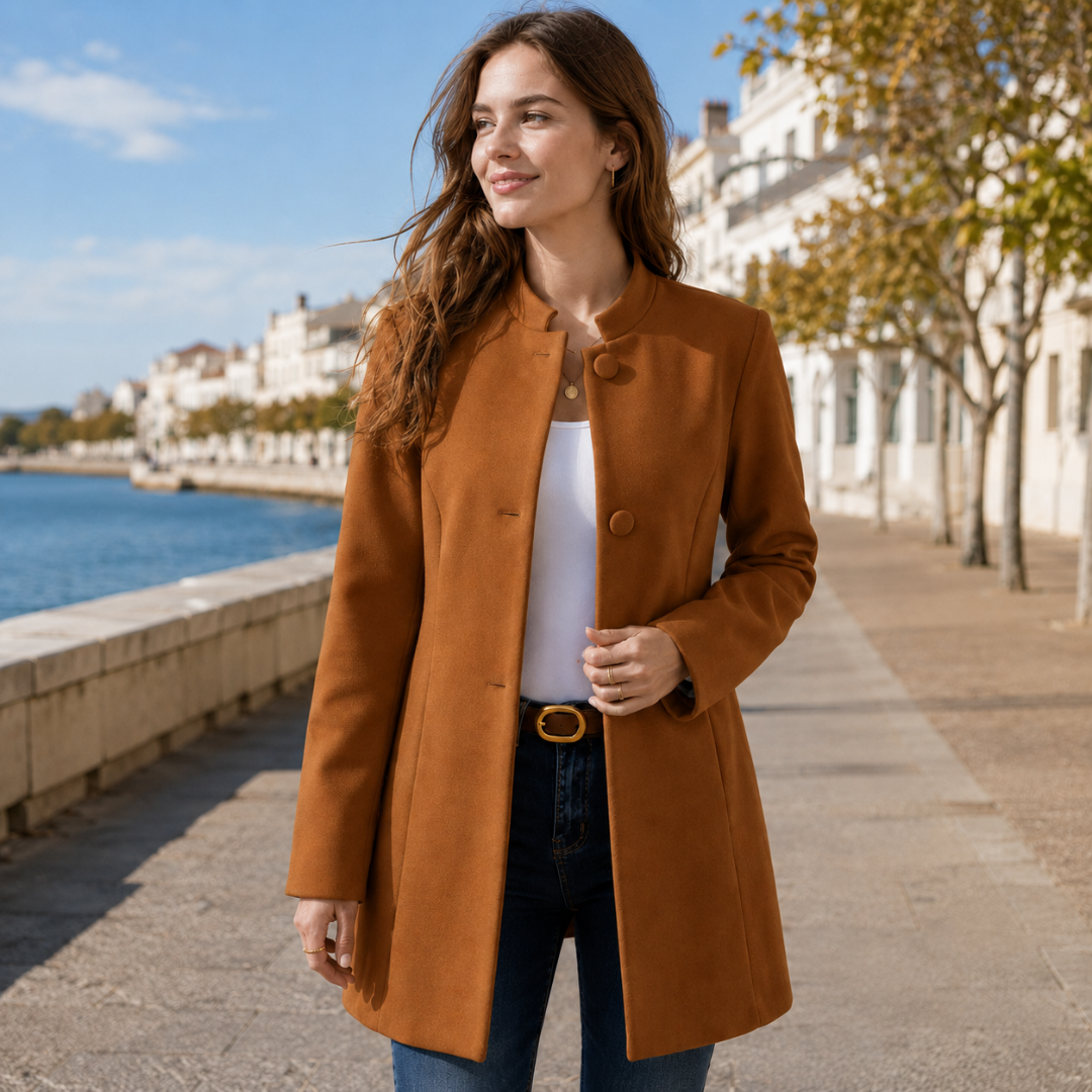 Cappotto donna cammello con collo rialzato e chiusura con bottoni ricoperti