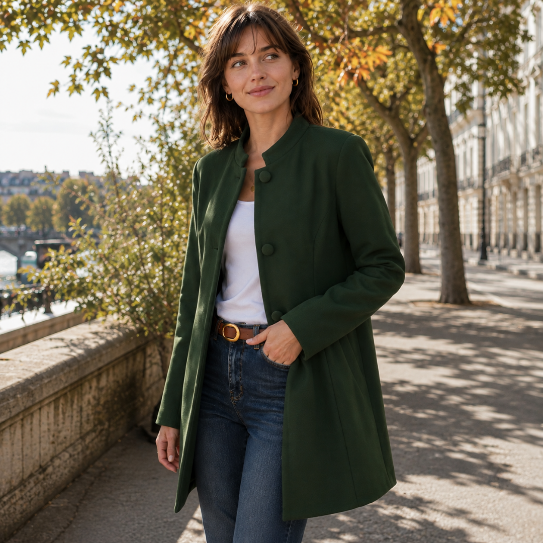 Cappotto donna verde aperto su top bianco, bottoni in tinta sul davanti