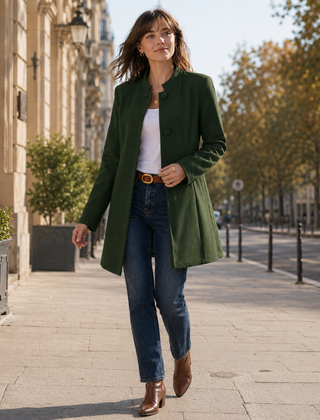 Cappotto verde corto abbinato a pantaloni dritti e stivaletti, collo alla coreana