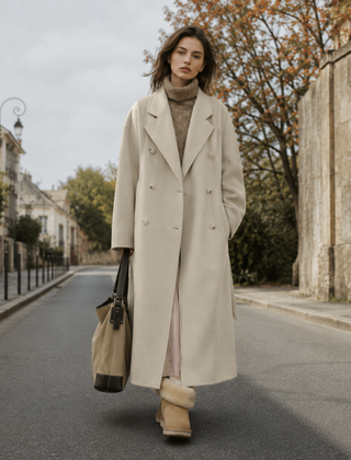 Cappotto lungo beige a doppiopetto con collo a revers e bottoni in tinta
