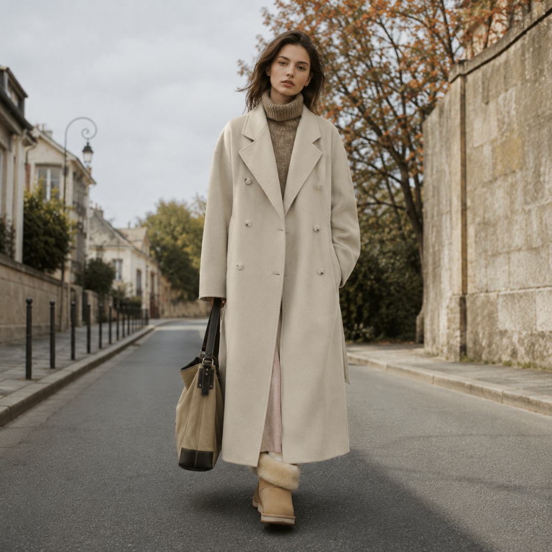 Cappotto lungo beige a doppiopetto con collo a revers e bottoni in tinta