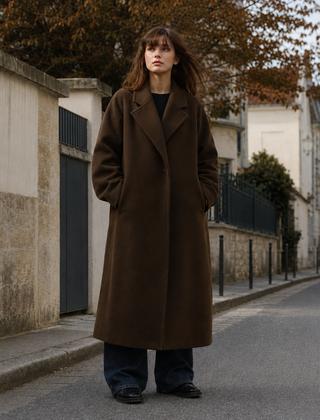 Cappotto lungo marrone con collo a revers e chiusura doppiopetto, indossato in strada