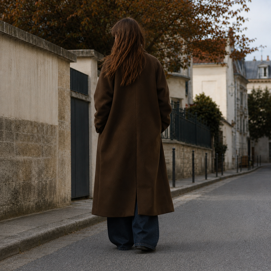 Retro del cappotto marrone con cucitura centrale e spacco posteriore