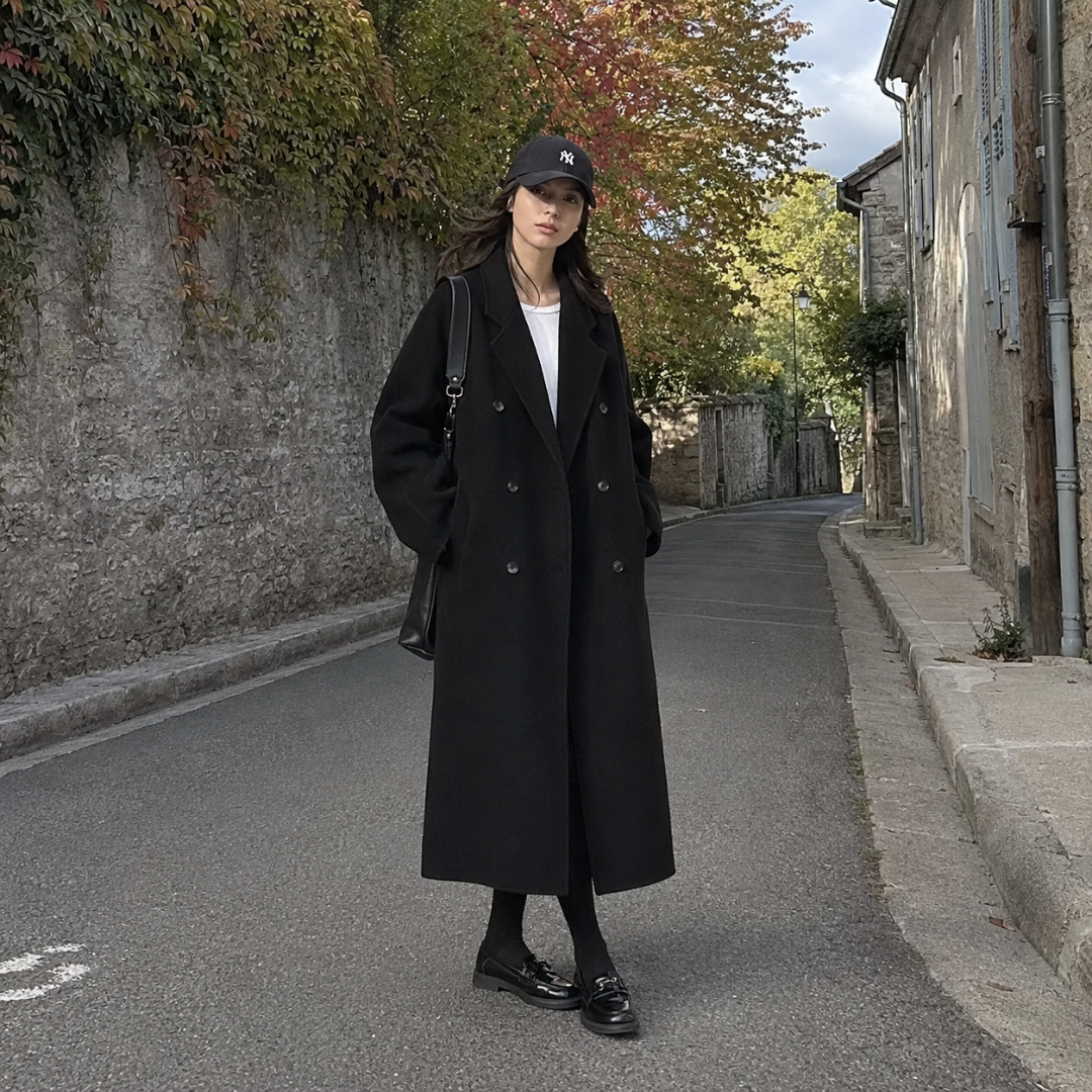 Cappotto lungo nero a doppiopetto con collo a revers e spalle ampie