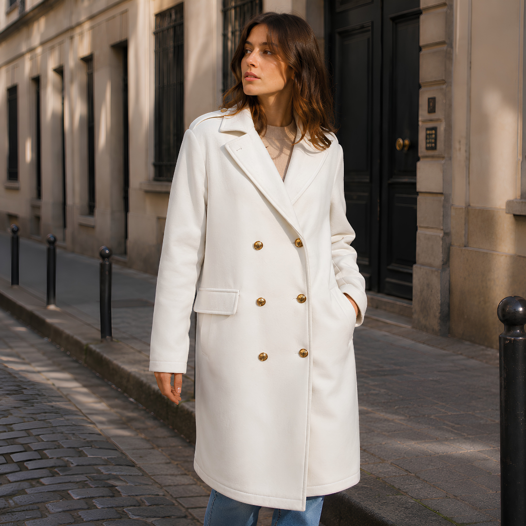 Cappotto bianco donna a doppiopetto con sei bottoni dorati e spalline
