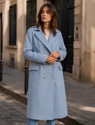 Cappotto donna azzurro a doppiopetto con collo a revers e tasche con patta