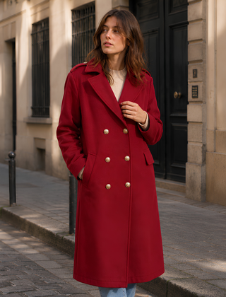Cappotto donna bordeaux a doppiopetto con bottoni dorati e spalline sulle spalle