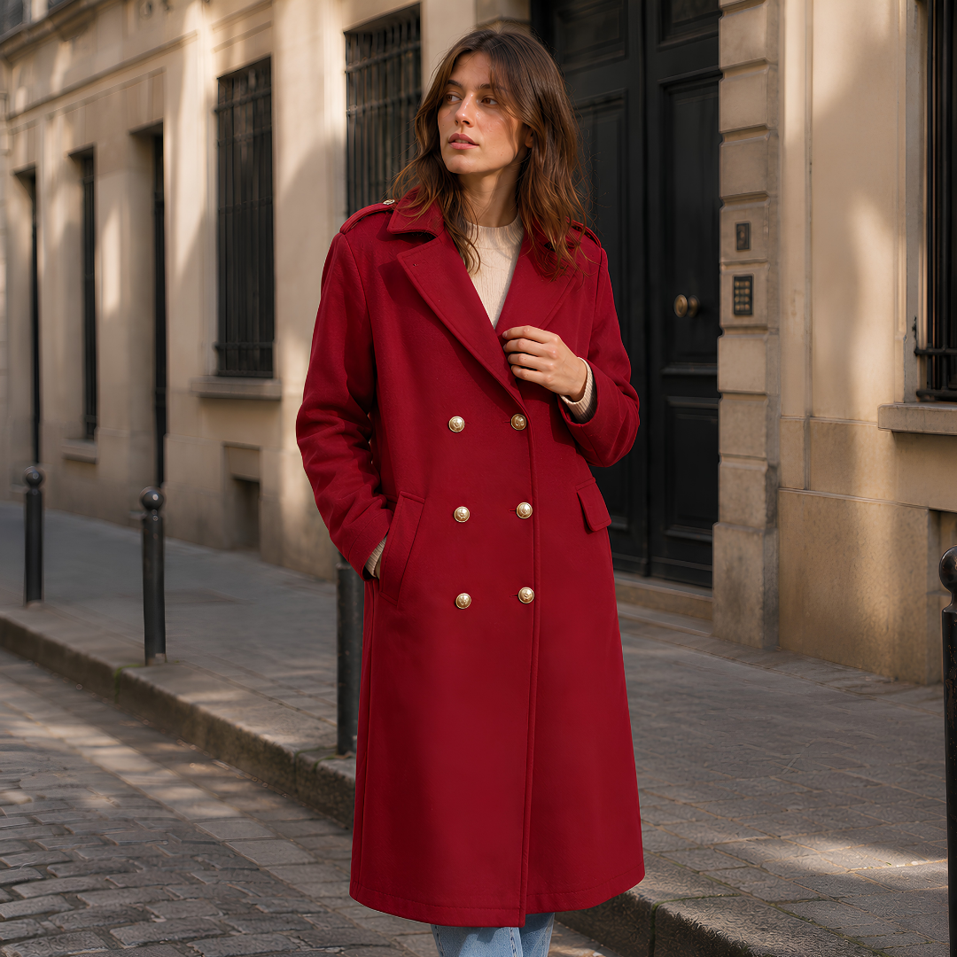 Cappotto donna bordeaux a doppiopetto con bottoni dorati e spalline sulle spalle