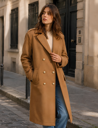 Cappotto donna kaki lungo a doppiopetto con collo a revers e bottoni dorati