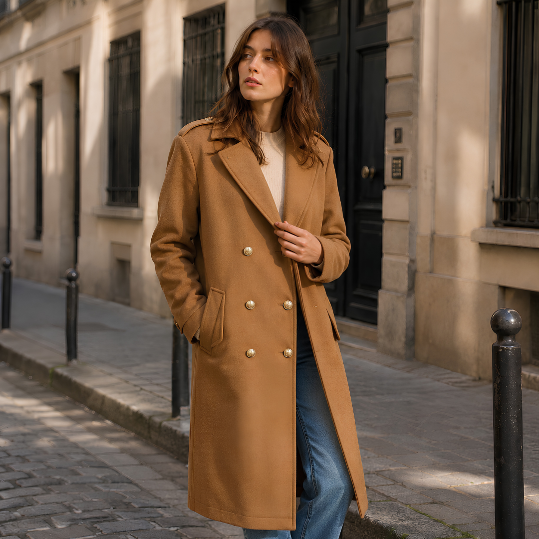 Cappotto donna kaki lungo a doppiopetto con collo a revers e bottoni dorati