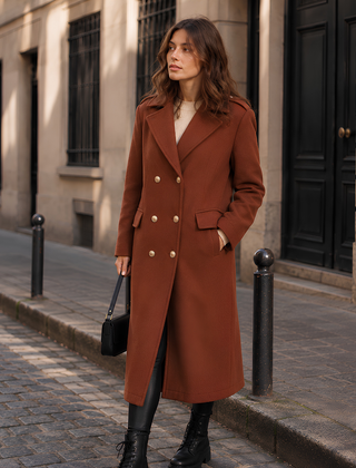 Cappotto donna marrone a doppiopetto lungo con bottoni dorati e collo a revers
