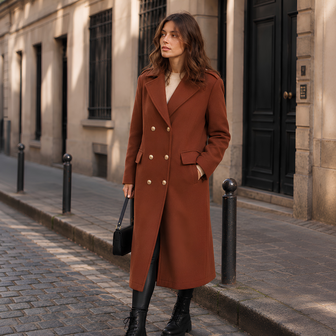 Cappotto donna marrone a doppiopetto lungo con bottoni dorati e collo a revers