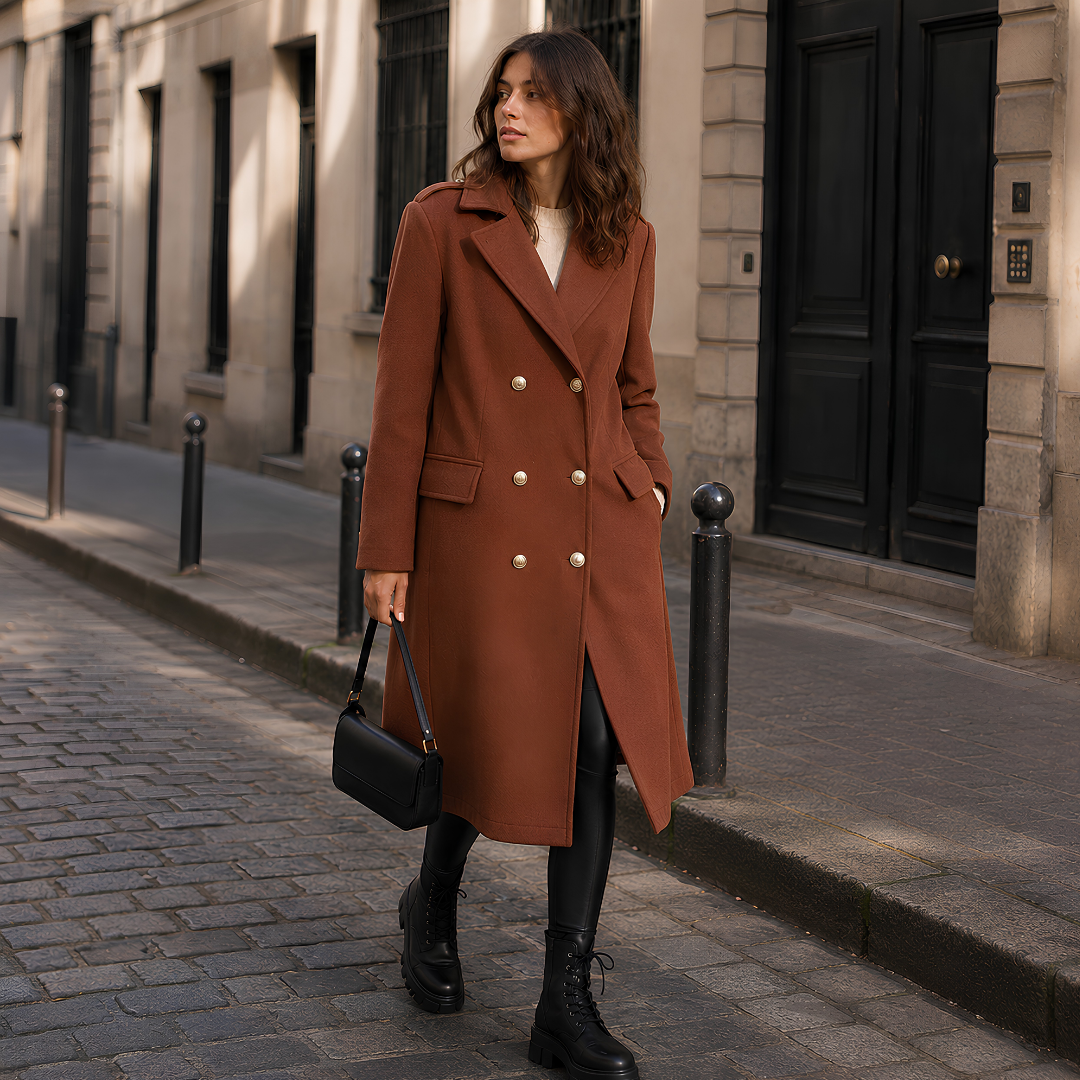 Cappotto marrone donna con tasche con patta e maniche lunghe, vista laterale