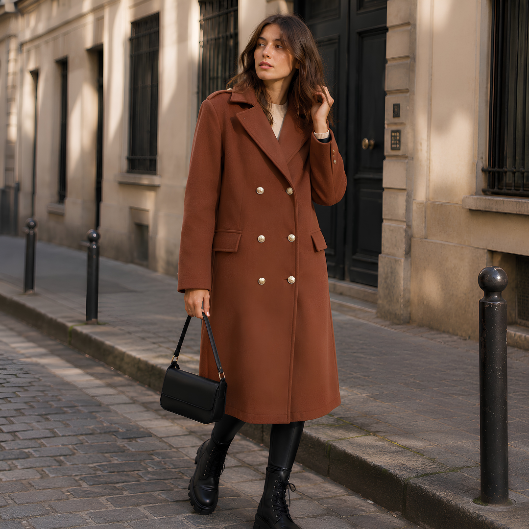 Modella indossa cappotto marrone doppiopetto con sei bottoni dorati sul davanti