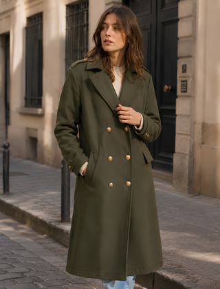 Cappotto donna verde lungo a doppiopetto con bottoni dorati e maniche lunghe