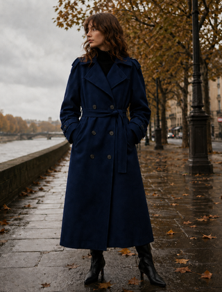 Cappotto lungo blu doppiopetto con spalline e cintura annodata in vita