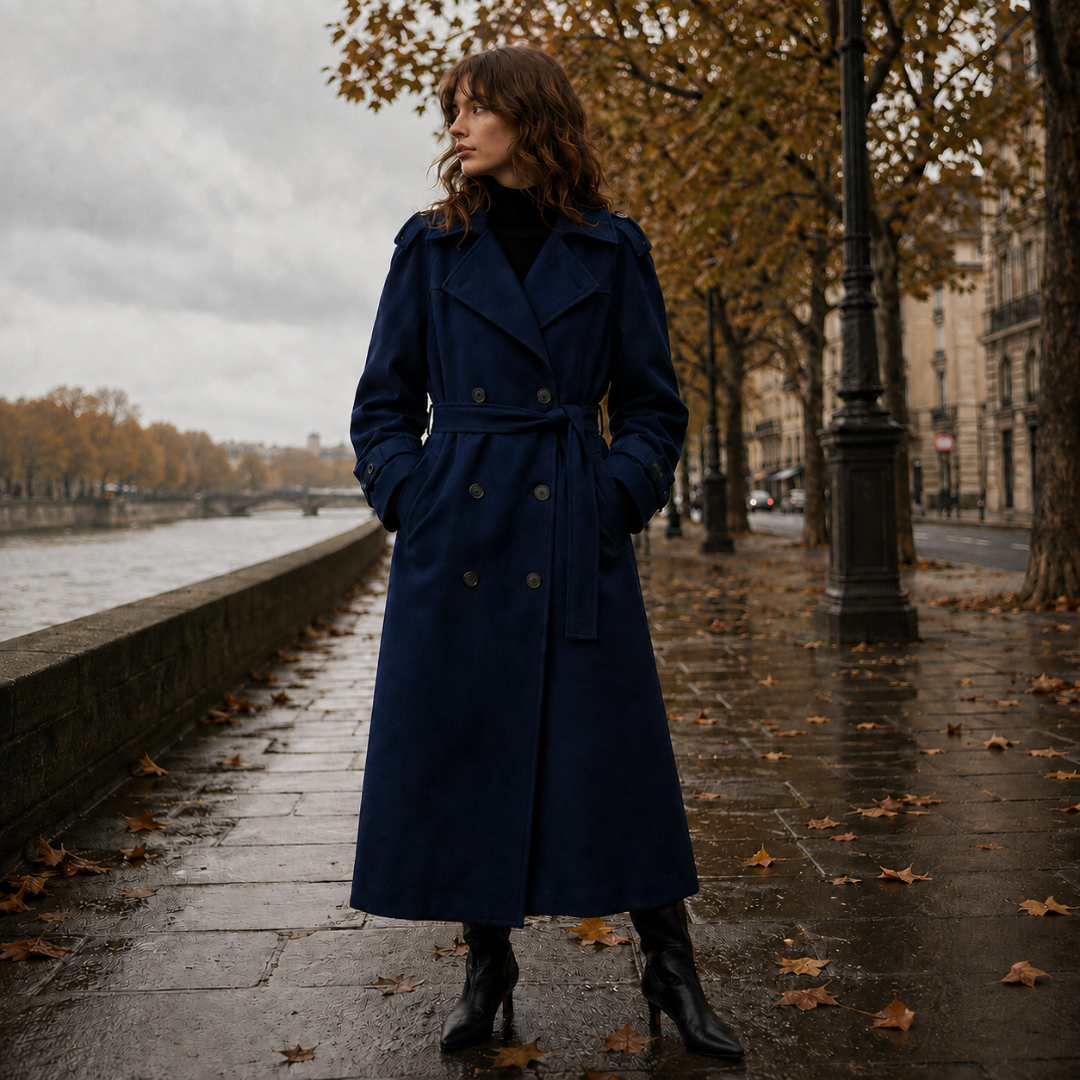 Cappotto lungo blu doppiopetto con spalline e cintura annodata in vita