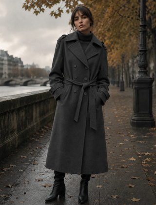 Cappotto donna grigio scuro doppiopetto con cintura e polsini con linguetta
