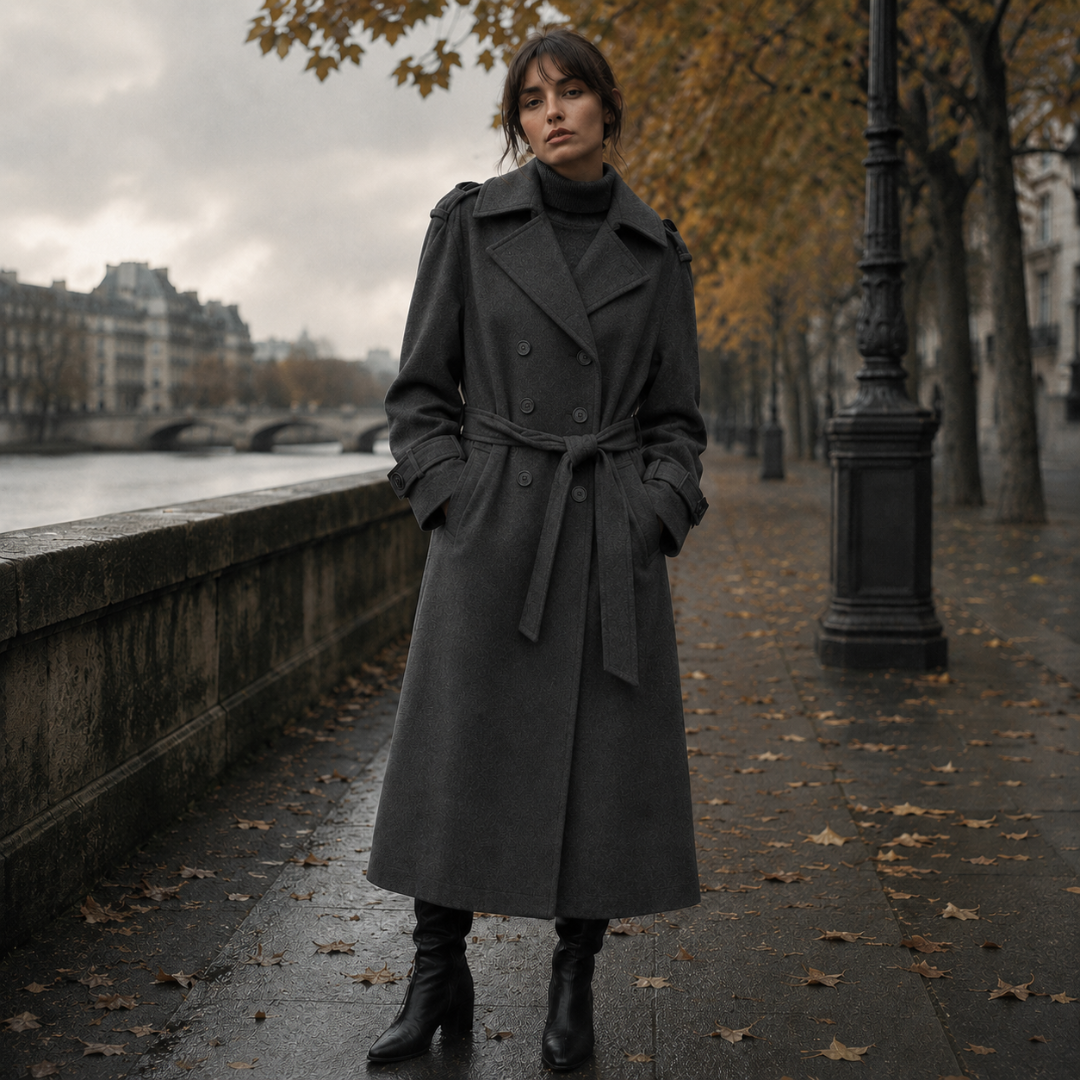 Cappotto donna grigio scuro doppiopetto con cintura e polsini con linguetta