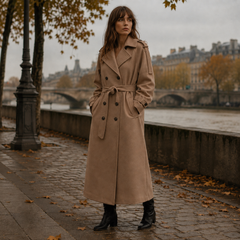Cappotto donna kaki scuro doppiopetto con tasche laterali e cintura annodata