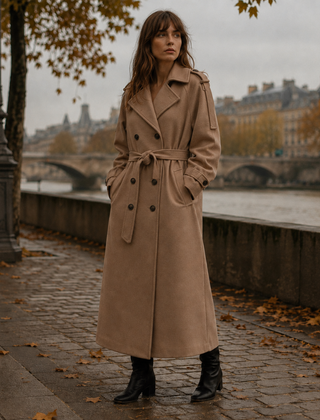 Cappotto donna kaki scuro doppiopetto con tasche laterali e cintura annodata