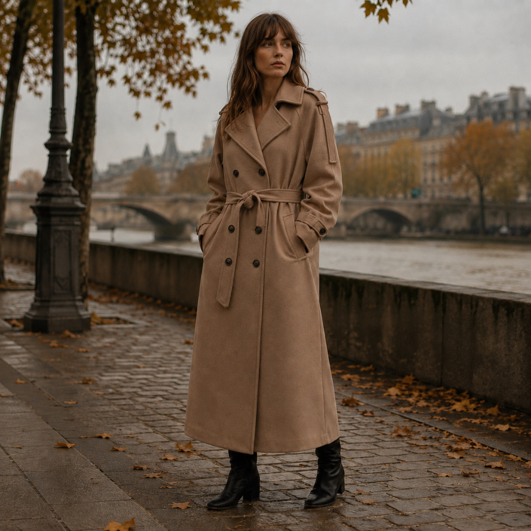 Cappotto donna kaki scuro doppiopetto con tasche laterali e cintura annodata