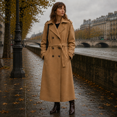 Cappotto lungo kaki con cintura in vita e spalline sulle spalle