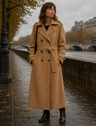 Cappotto lungo kaki con cintura in vita e spalline sulle spalle
