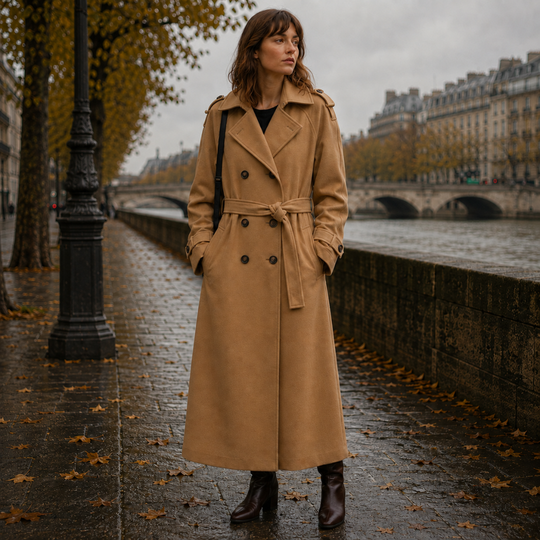 Cappotto lungo kaki con cintura in vita e spalline sulle spalle