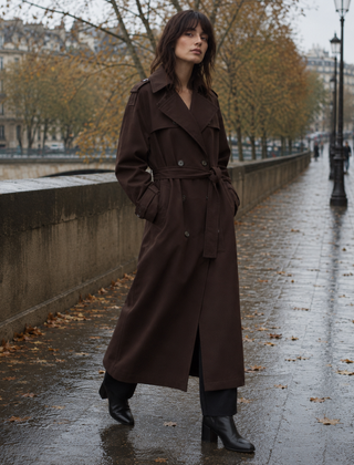 Cappotto lungo donna marrone scuro doppiopetto con cintura annodata in vita