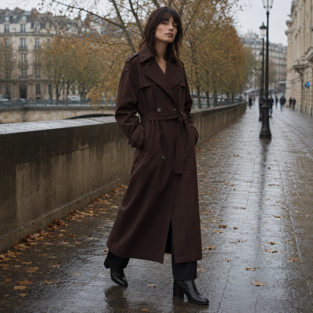 Cappotto lungo donna marrone scuro doppiopetto con cintura annodata in vita