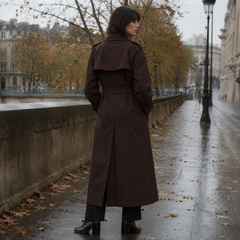 Retro del cappotto marrone scuro con cintura e spacco posteriore centrale