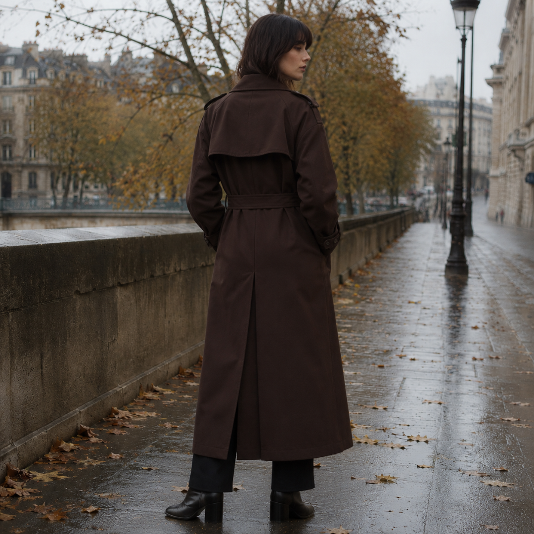 Retro del cappotto marrone scuro con cintura e spacco posteriore centrale