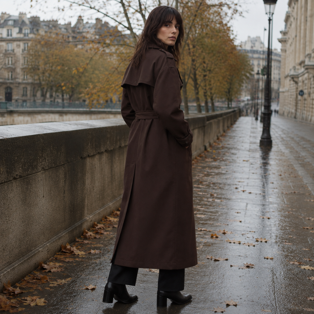 Cappotto lungo marrone scuro visto di tre quarti con tasche laterali