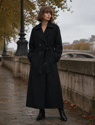Cappotto donna nero lungo con revers ampi, cintura e tasche laterali