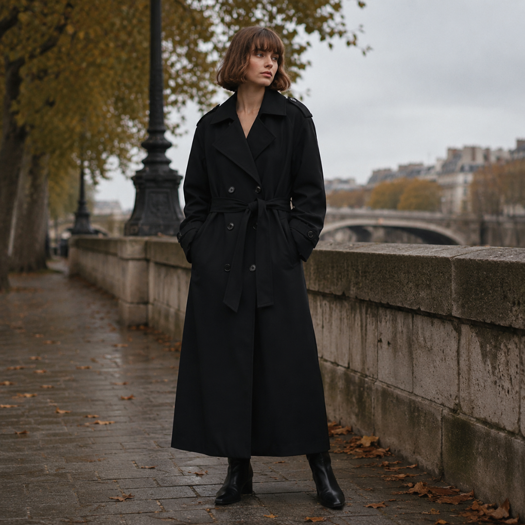 Cappotto donna nero lungo con revers ampi, cintura e tasche laterali