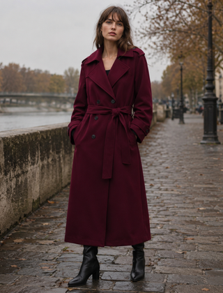 Cappotto lungo rosso scuro con revers ampi e bottoni doppiopetto