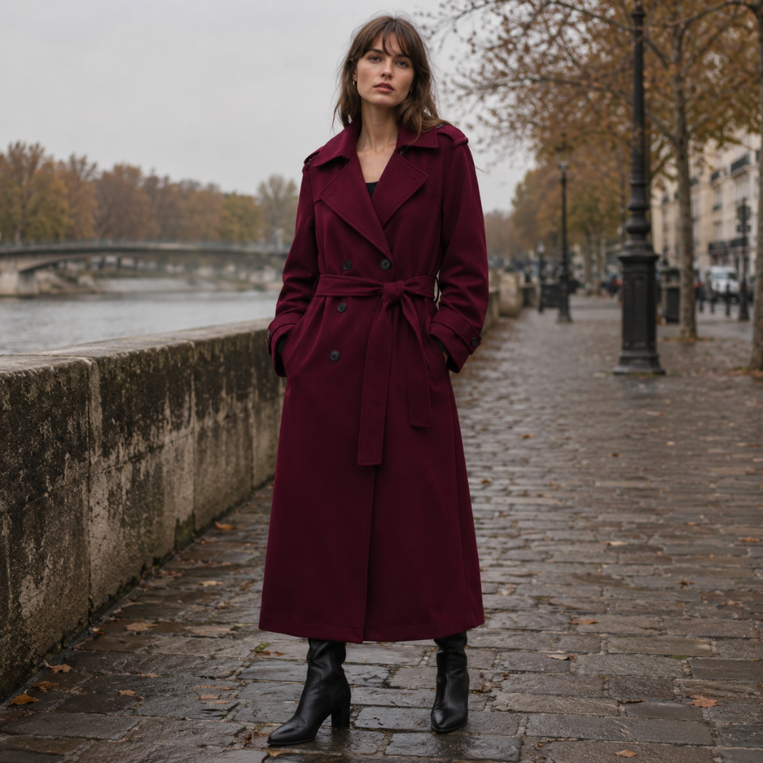 Cappotto lungo rosso scuro con revers ampi e bottoni doppiopetto