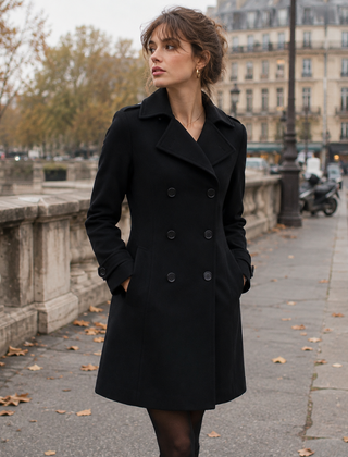 Cappotto donna nero doppiopetto con revers ampio a punta e tasche laterali