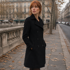Cappotto donna nero con polsini con linguetta e chiusura doppiopetto, vista frontale