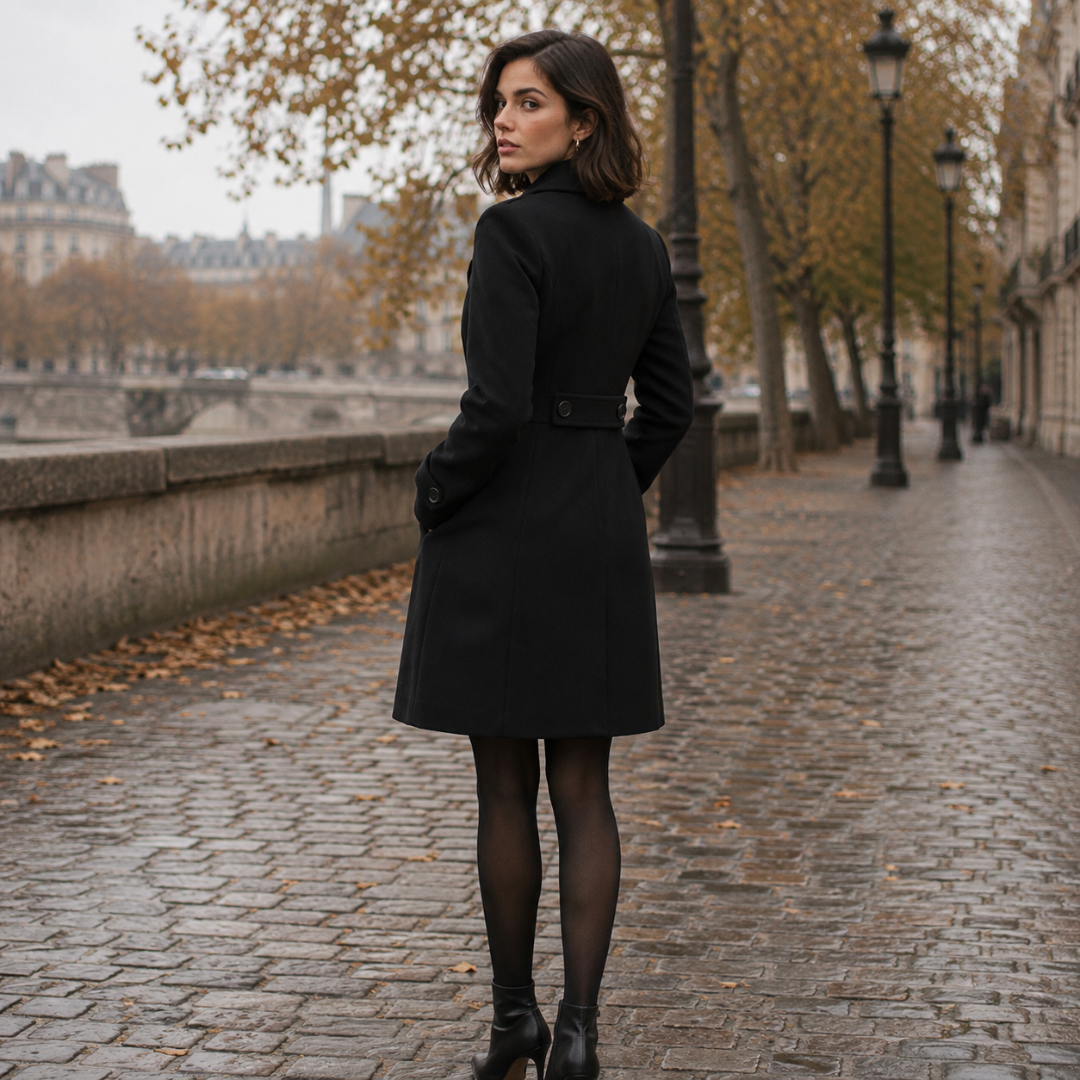 Retro del cappotto nero donna con cinturino e bottone in vita, linea svasata