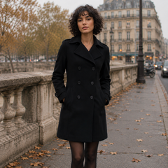 Cappotto nero doppiopetto donna con revers largo e lunghezza sopra il ginocchio
