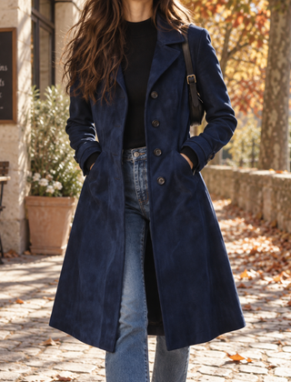 Cappotto donna lungo blu navy con bottoni sul davanti e revers ampi