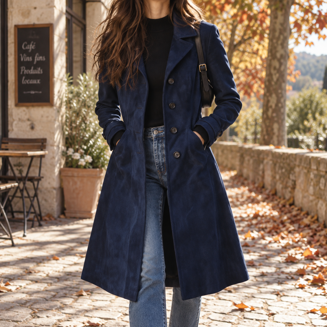 Cappotto donna lungo blu navy con bottoni sul davanti e revers ampi