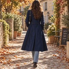 Retro del cappotto donna blu navy con dettaglio bottoni in vita