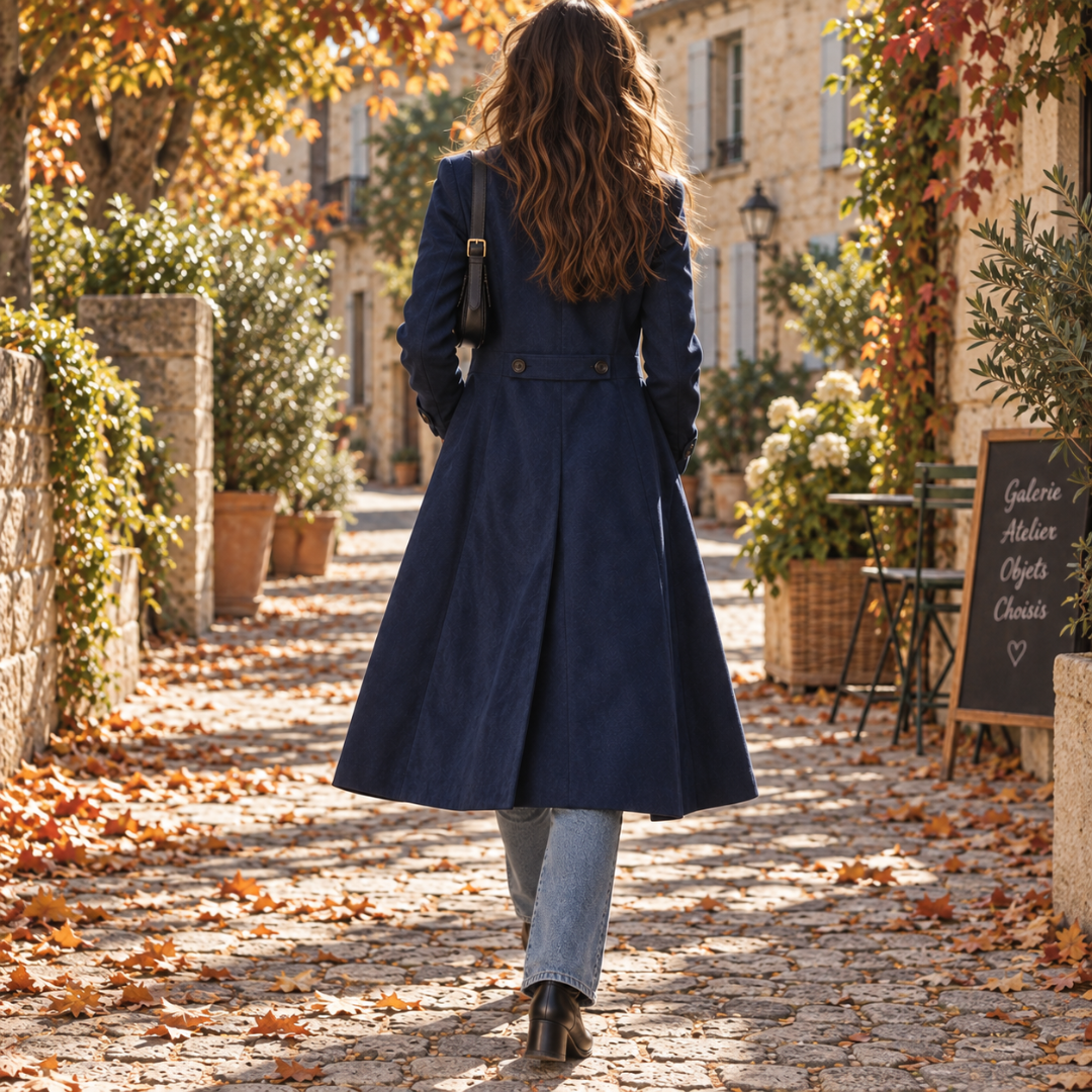 Retro del cappotto donna blu navy con dettaglio bottoni in vita