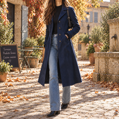 Cappotto lungo blu navy portato aperto su pantaloni chiari e stivaletti neri