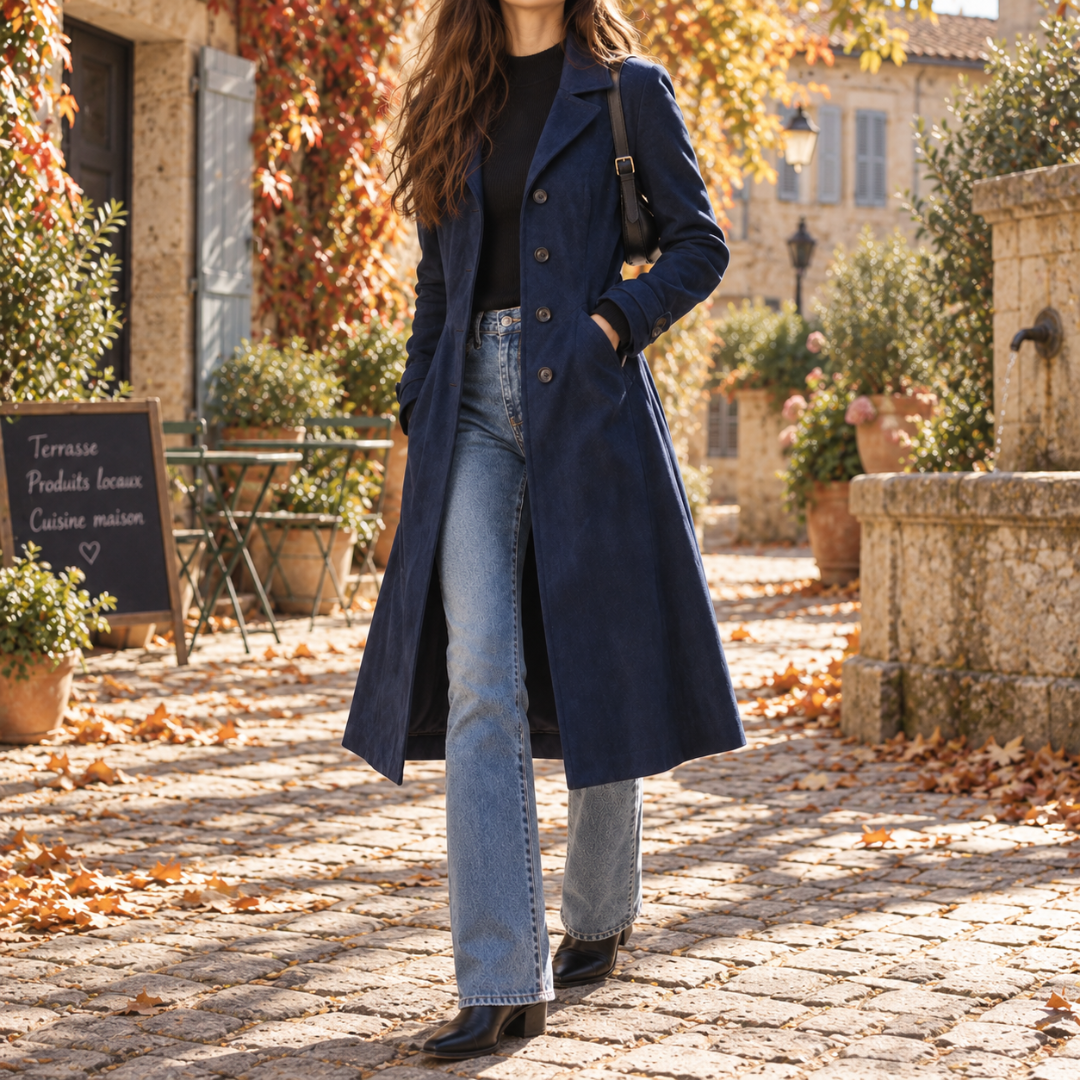 Cappotto lungo blu navy portato aperto su pantaloni chiari e stivaletti neri