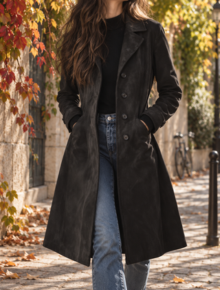Cappotto donna lungo grigio scuro con tasche laterali e linea svasata